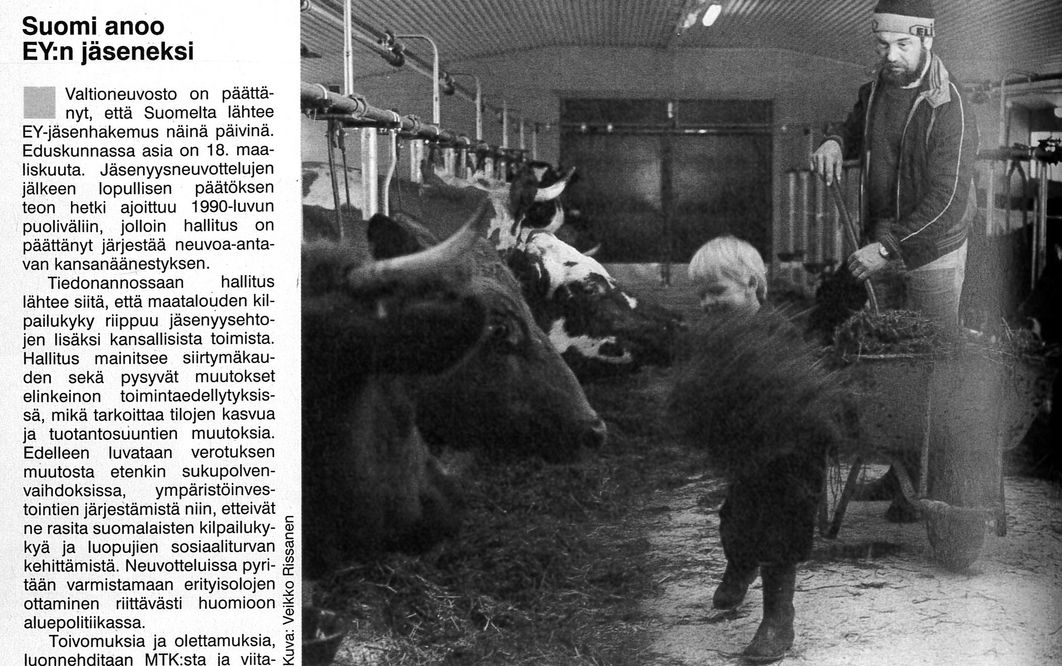 Vuonna 1992 uutispalstalla arveltiin, että metsä pehmentäisi EY-romandusta. Kotieläintalouden laskettiin olevan maatalouden kilpailukykyisin tuotannonala, jos Suomi liittyy Euroopan Yhteisöön.
