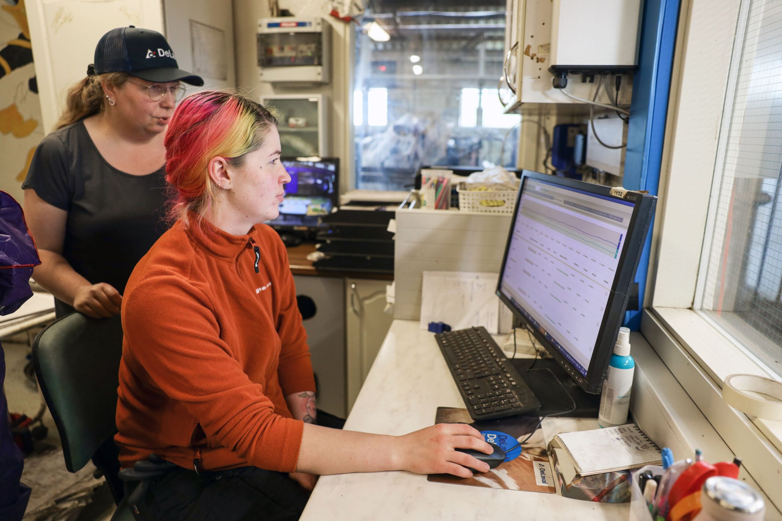 Karjansaaren tilalla navettavuoro alkaa aina raporttien tarkastamisella. Niistä näkyy muun muassa poikkeamat lehmien käyttäytymisessä ja märehtimisessä sekä siemennettävät. Tietokoneella Taru ja Jessica Saarela.