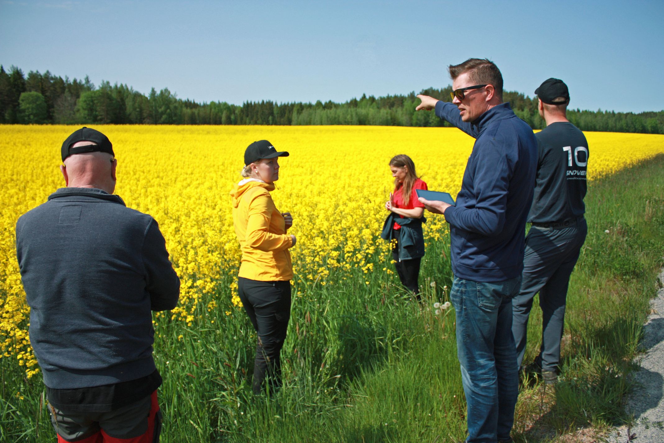 Isäntä Janne Rouhiainen käyttää arkityössään tablettia, jonka FieldView-järjestelmällä on mahdollista hallita kaikkia peltoihin liittyviä tietoja, kuten lannoituksen ja kasvinsuojeluaineiden määriä. Syysrapsipellon laidalla peltopäivän väkeä, punaisessa paidassa Minni Tarkkanen.