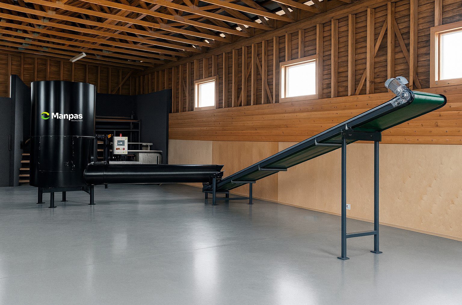 Manpasin jatkuvakäyttöinen hygienisointi­laitteisto sopii valmistajan mukaan hevosenlannan ohella myös naudan lietelannasta separoidun kuivajakeen hygienisointiin. Kuva on mallinnettu tekoälyavusteisesti ja vastaa mittasuhteiltaan käytössä olevaa laitetta.